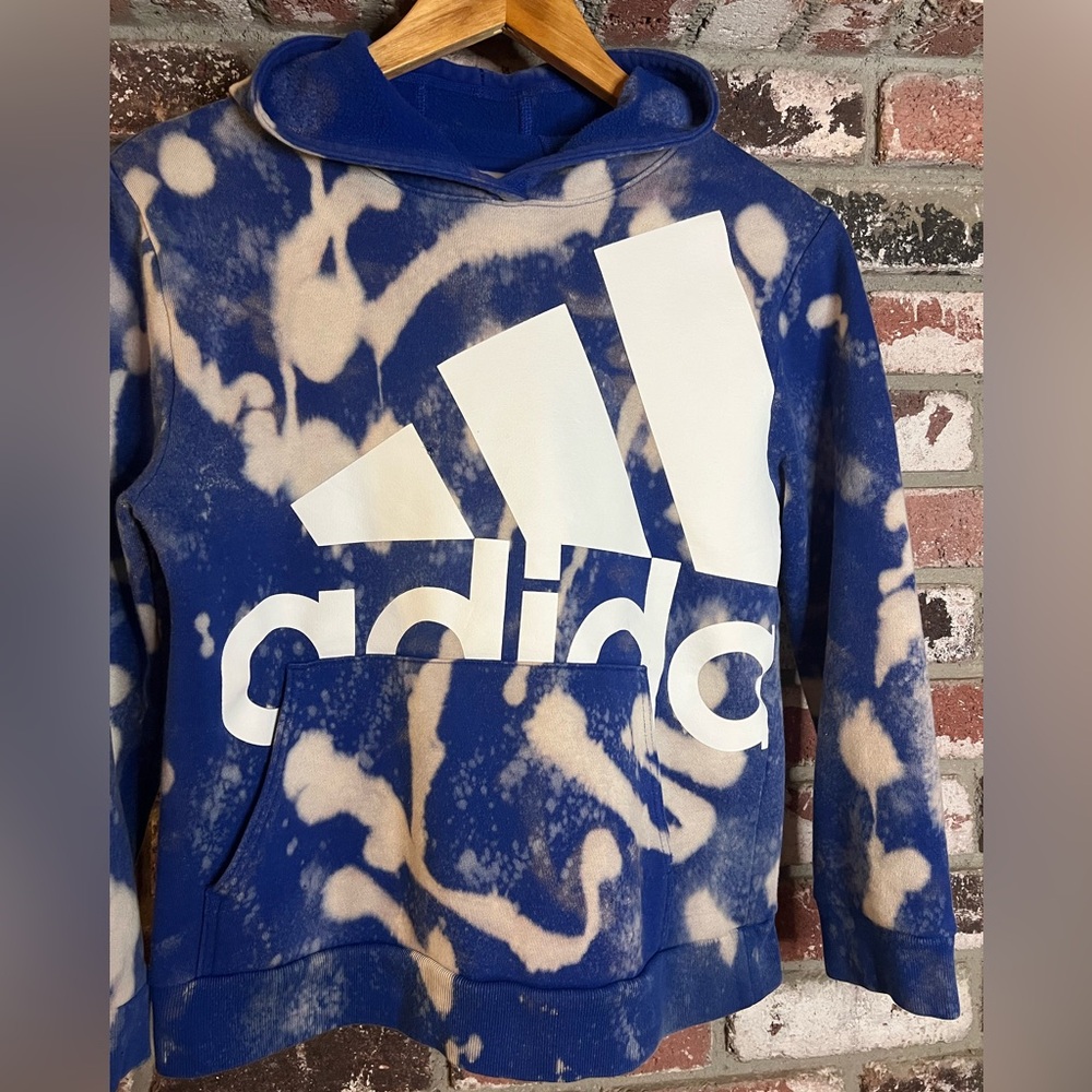 Kids Adidas Blue and Cream Bleach Graffiti Tiedye Graphic sweatshirt Hoodie
